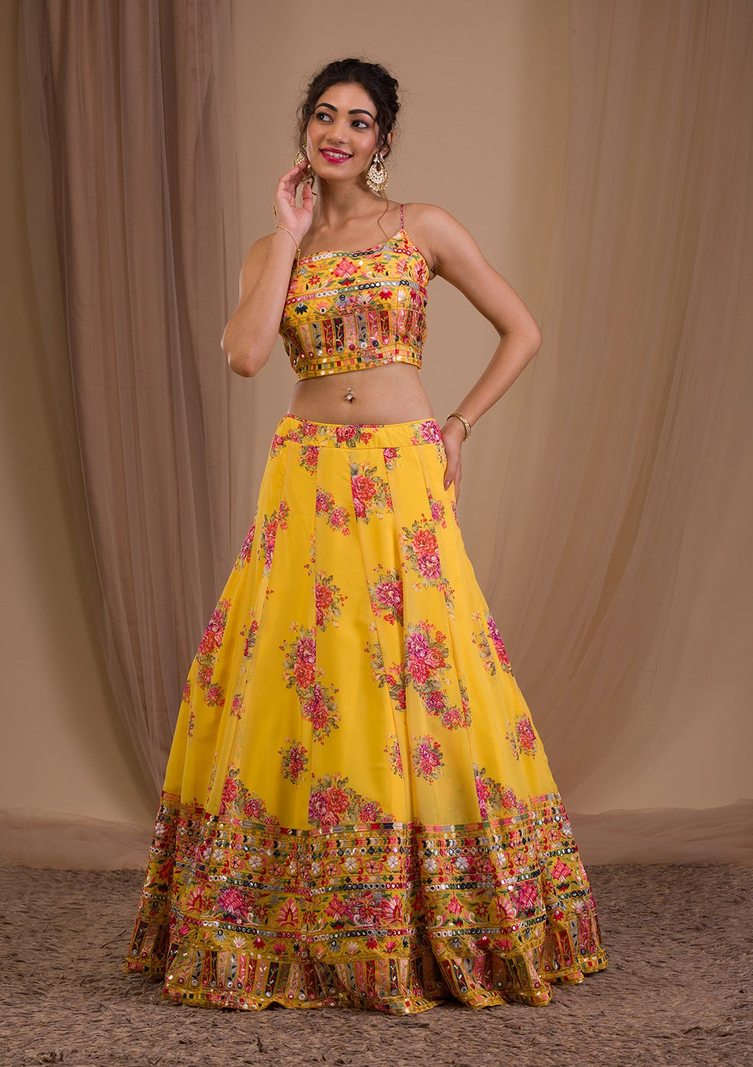 Yellow Threadwork Georgette Readymade Lehenga-Koskii