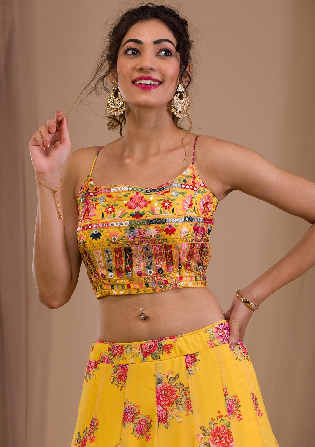 Yellow Threadwork Georgette Readymade Lehenga-Koskii