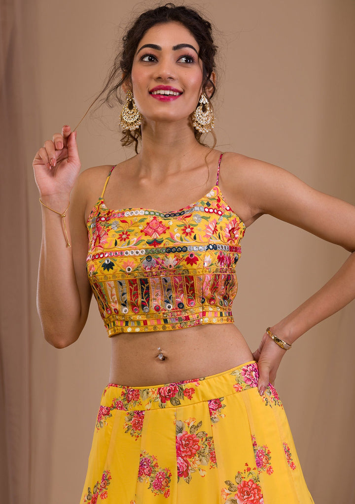 Yellow Threadwork Georgette Readymade Lehenga-Koskii