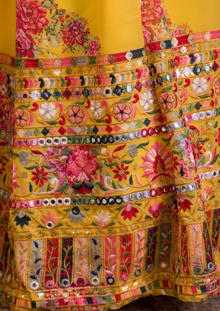 Yellow Threadwork Georgette Readymade Lehenga-Koskii