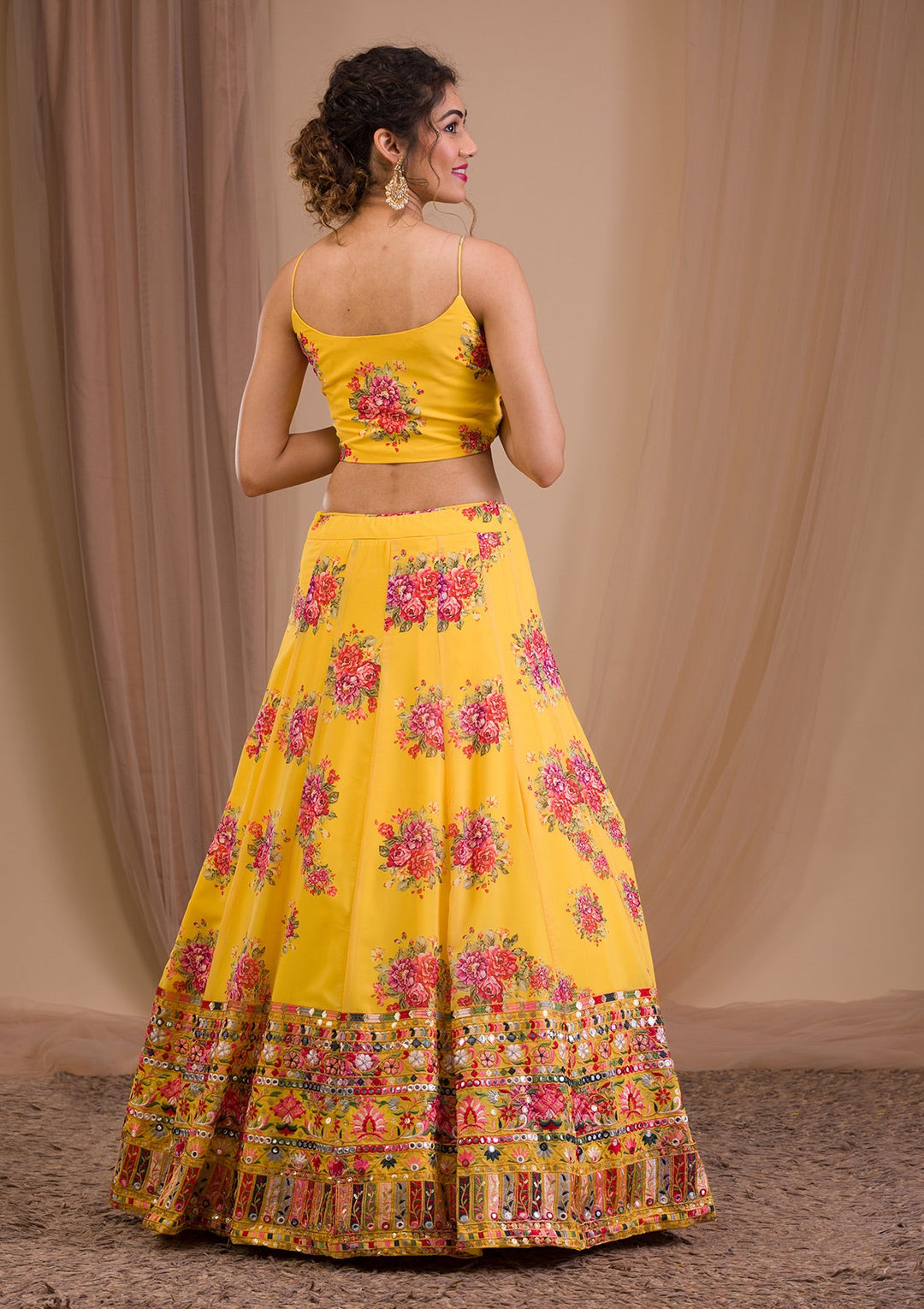 Yellow Threadwork Georgette Readymade Lehenga-Koskii