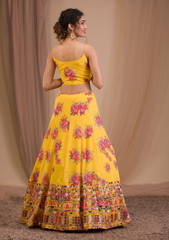 Yellow Threadwork Georgette Readymade Lehenga-Koskii