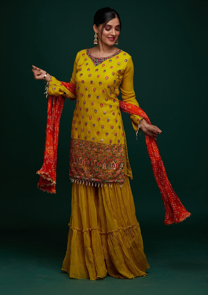 Yellow Threadwork Georgette Designer Salwar Suit - Koskii