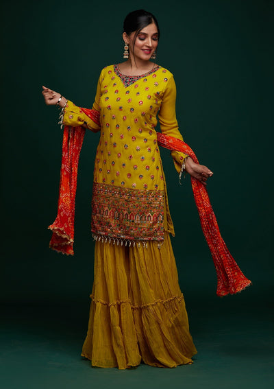 Yellow Threadwork Georgette Designer Salwar Suit - Koskii
