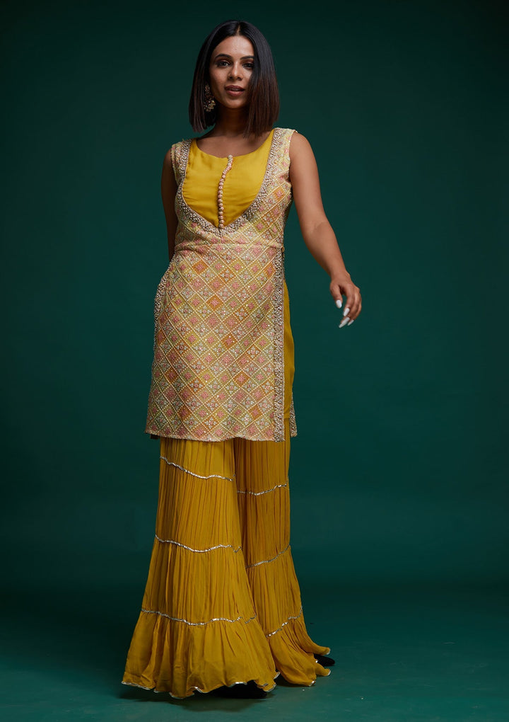 Yellow Threadwork Georgette Designer Salwar Suit - Koskii