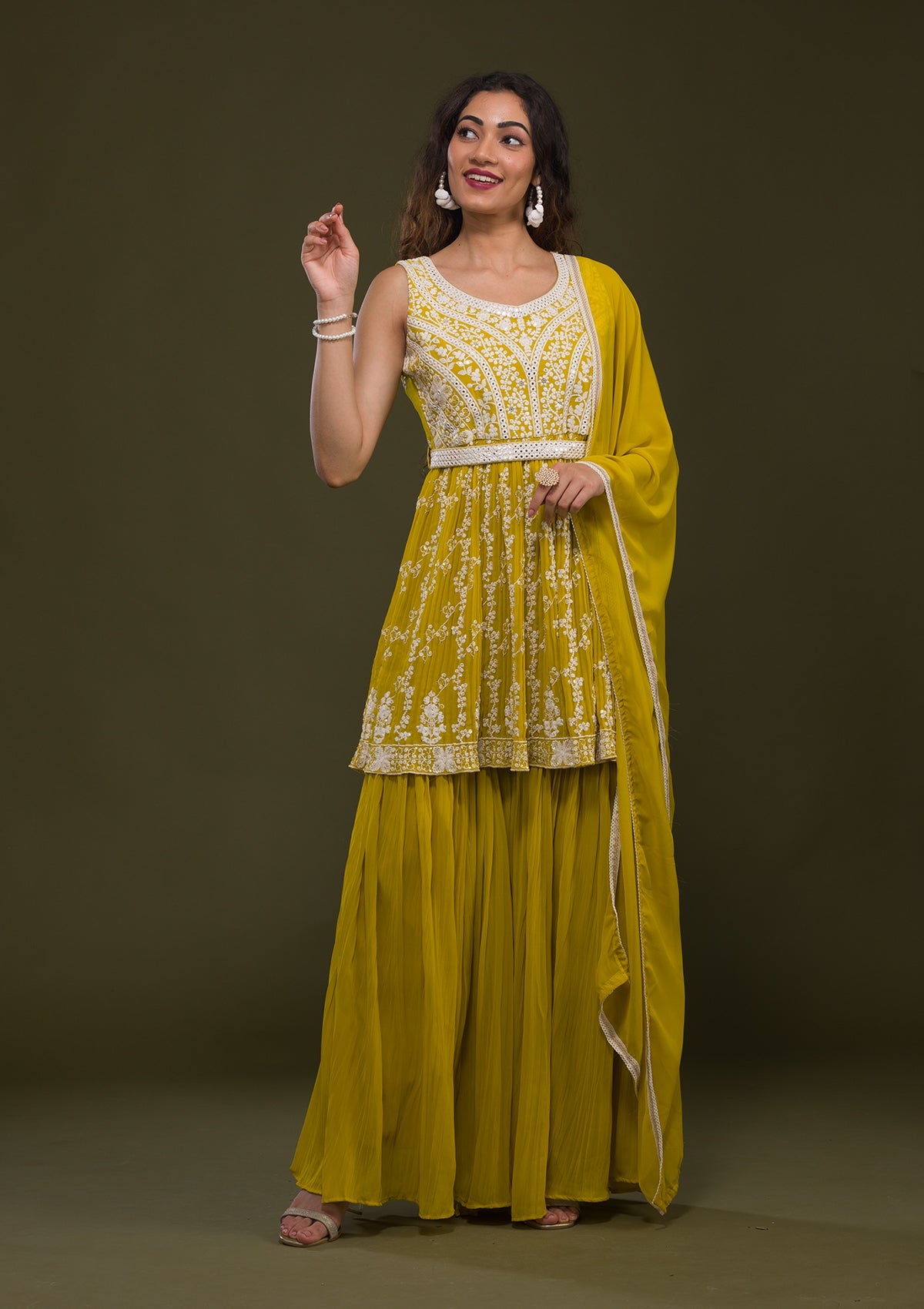 Yellow Threadwork Georgette Readymade Salwar Kameez-Koskii