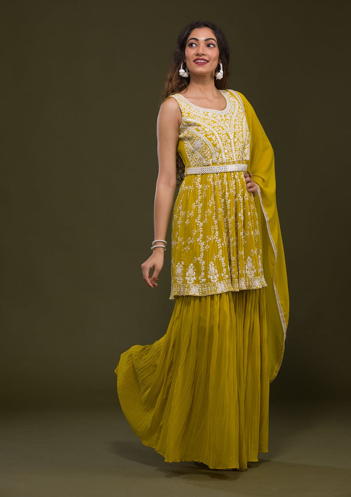Yellow Threadwork Georgette Readymade Salwar Kameez-Koskii