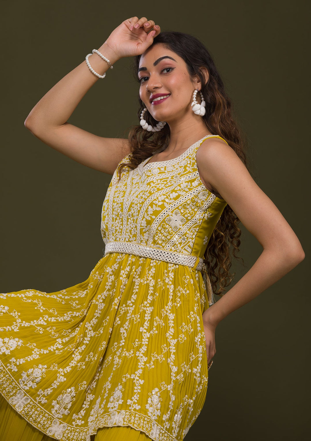 Yellow Threadwork Georgette Readymade Salwar Kameez-Koskii