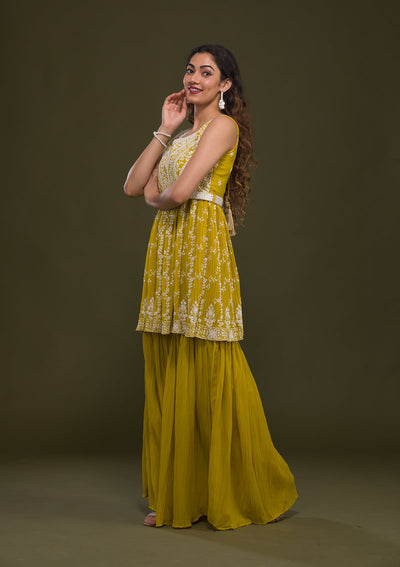 Yellow Threadwork Georgette Readymade Salwar Kameez-Koskii
