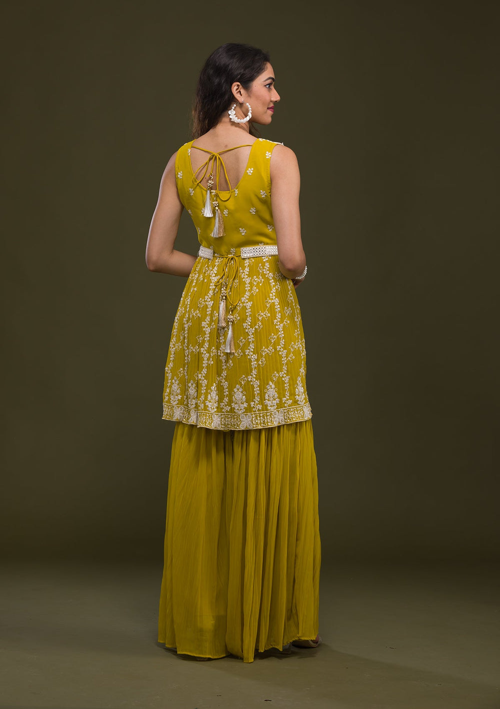 Yellow Threadwork Georgette Readymade Salwar Kameez-Koskii