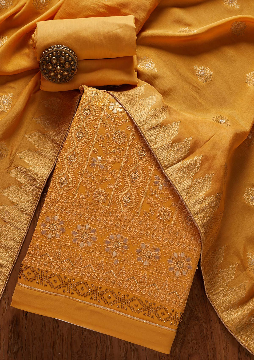 Yellow Threadwork Georgette Designer Semi-Stitched Salwar Suit - koskii