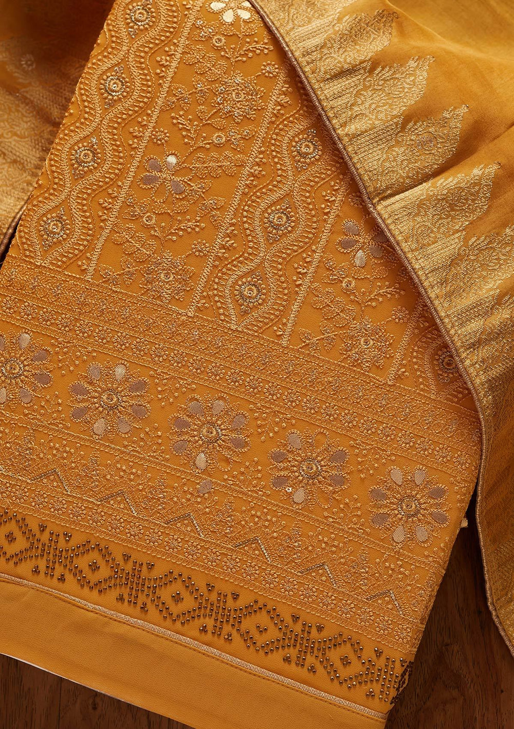 Yellow Threadwork Georgette Designer Semi-Stitched Salwar Suit - koskii