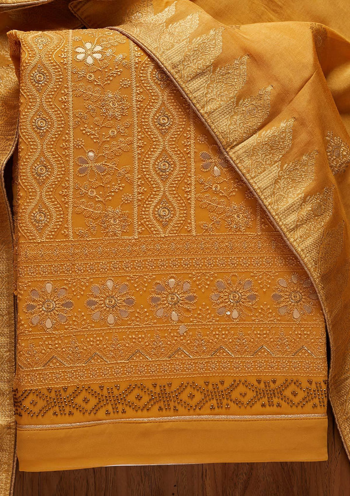 Yellow Threadwork Georgette Designer Semi-Stitched Salwar Suit - koskii
