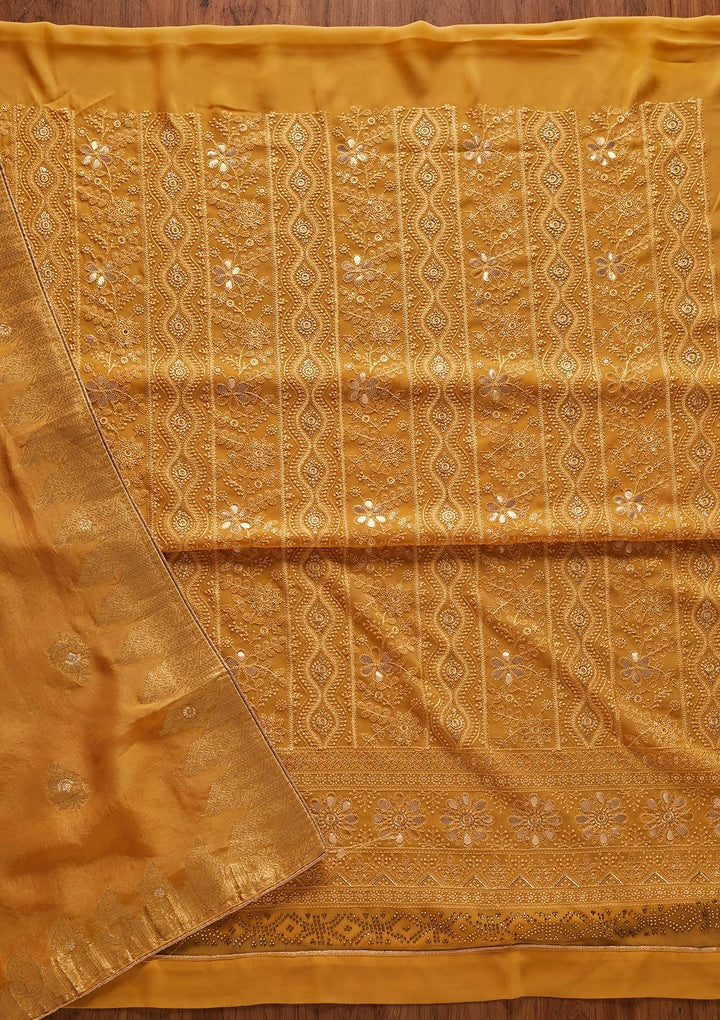 Yellow Threadwork Georgette Designer Semi-Stitched Salwar Suit - koskii