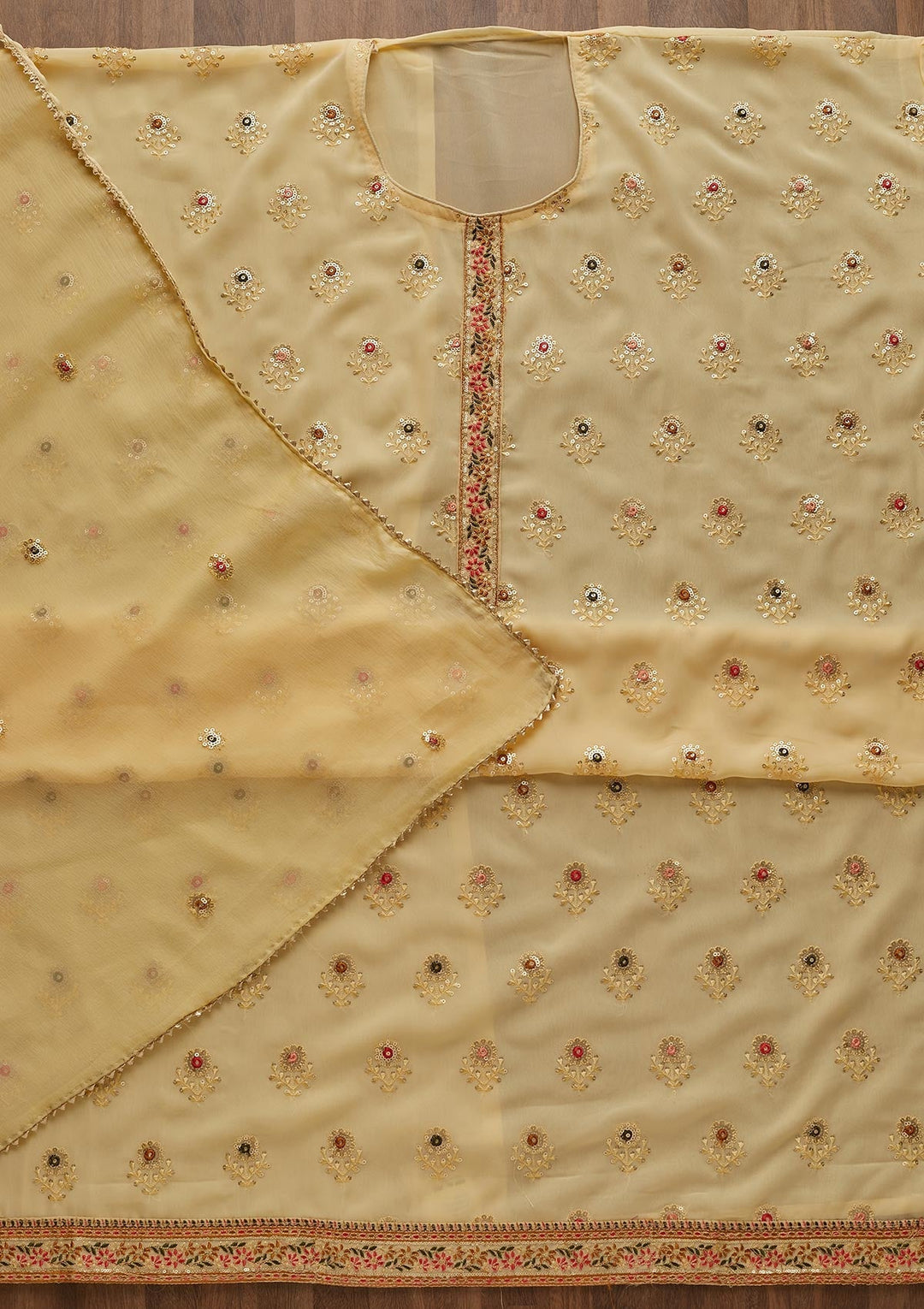 Yellow Threadwork Georgette Semi-Stitched Salwar Suit-Koskii