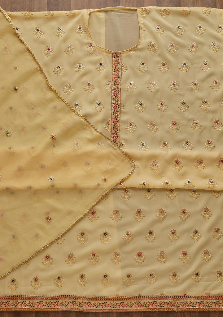 Yellow Threadwork Georgette Semi-Stitched Salwar Suit-Koskii