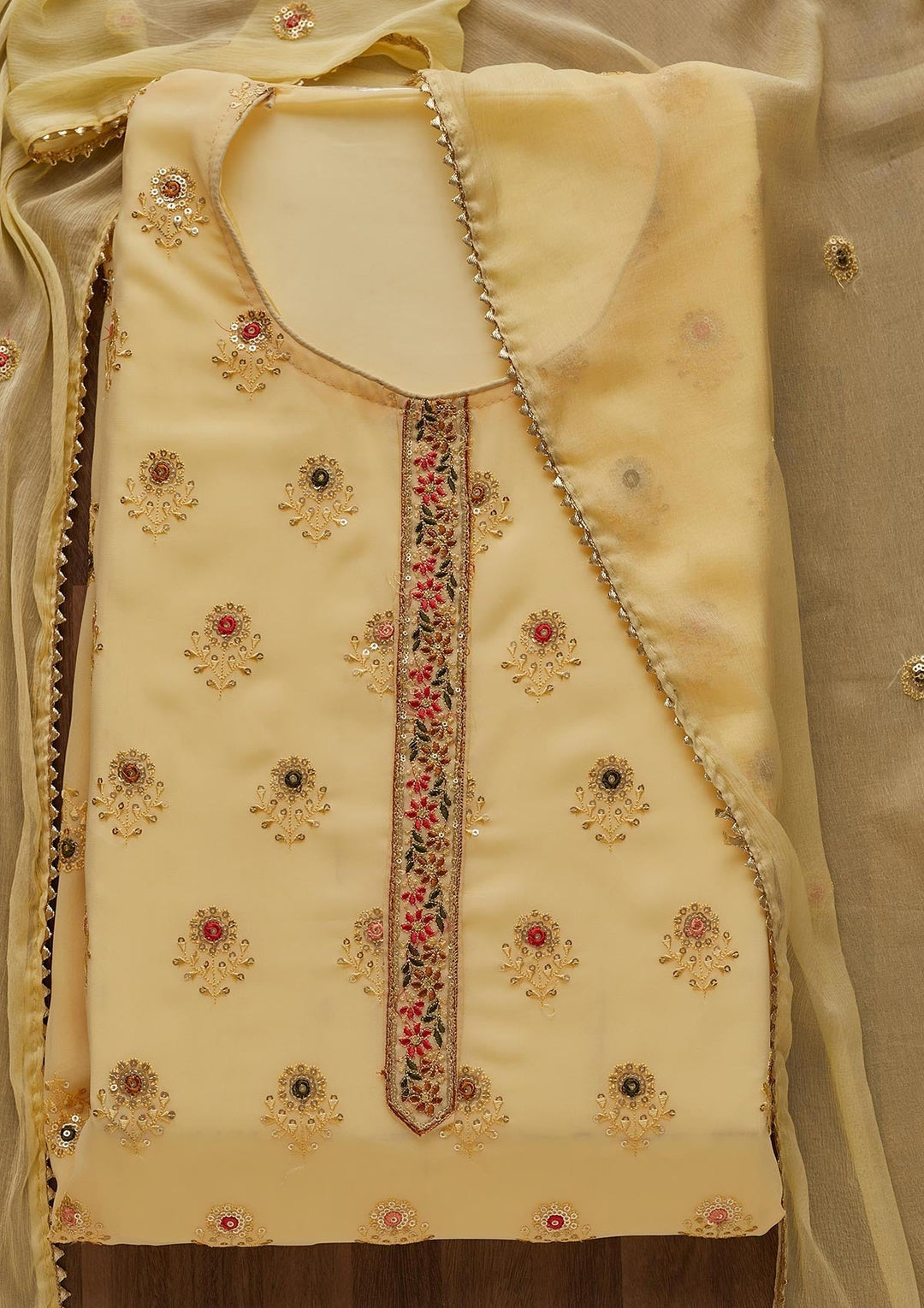 Yellow Threadwork Georgette Semi-Stitched Salwar Suit-Koskii