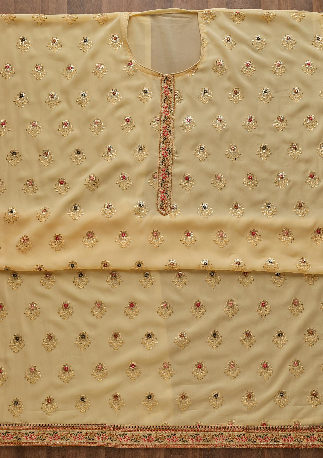 Yellow Threadwork Georgette Semi-Stitched Salwar Suit-Koskii