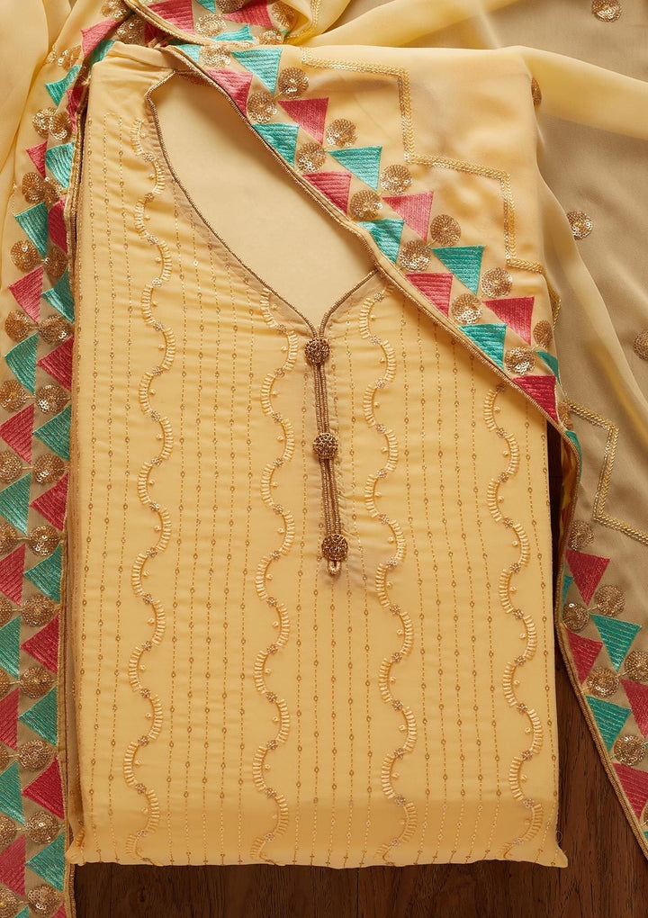 Yellow Threadwork Georgette Designer Unstitched Salwar Suit - koskii