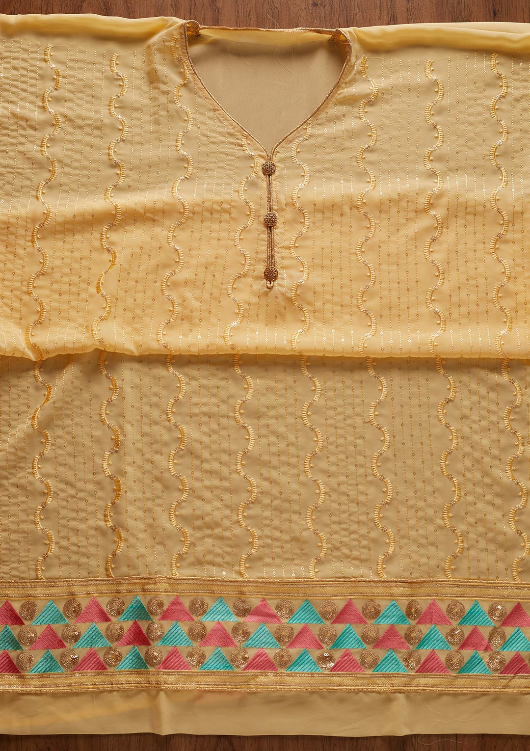 Yellow Threadwork Georgette Designer Unstitched Salwar Suit - koskii