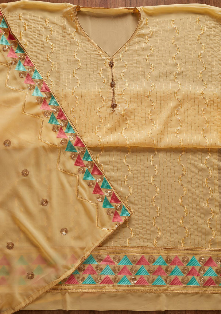 Yellow Threadwork Georgette Designer Unstitched Salwar Suit - koskii