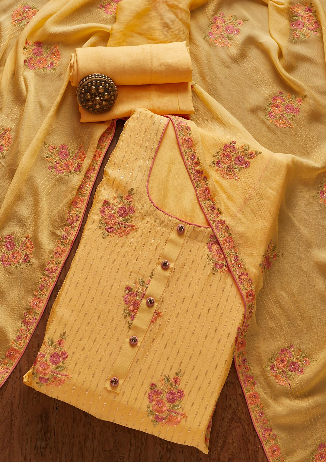 Yellow Threadwork Georgette Designer Unstitched Salwar Suit - koskii