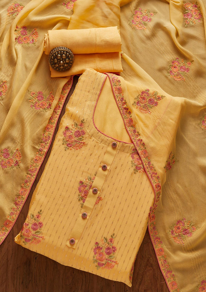 Yellow Threadwork Georgette Designer Unstitched Salwar Suit - koskii