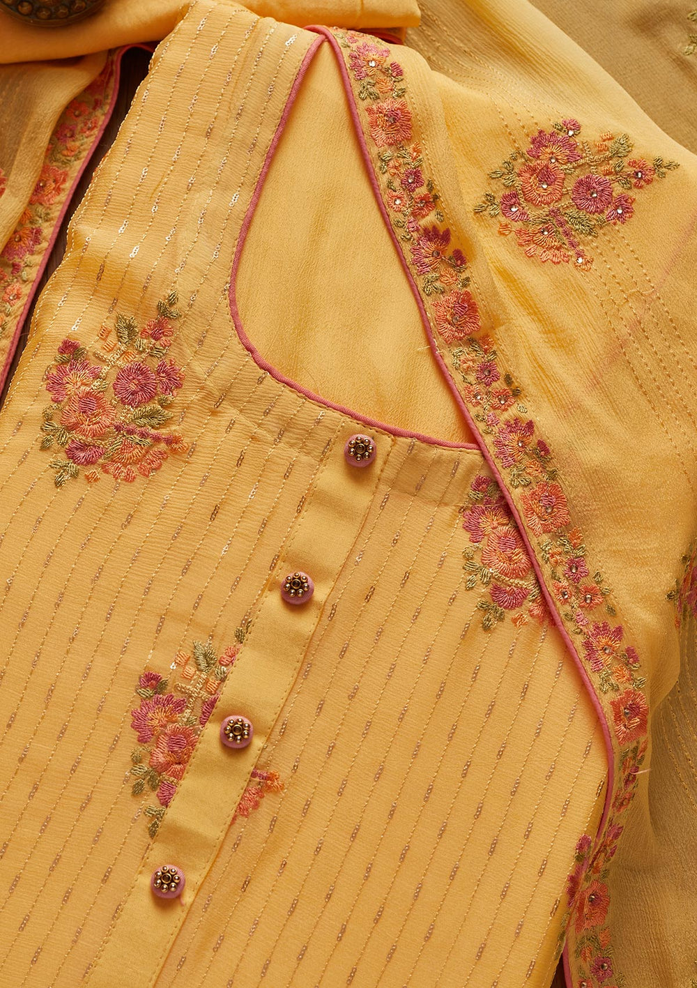 Yellow Threadwork Georgette Designer Unstitched Salwar Suit - koskii