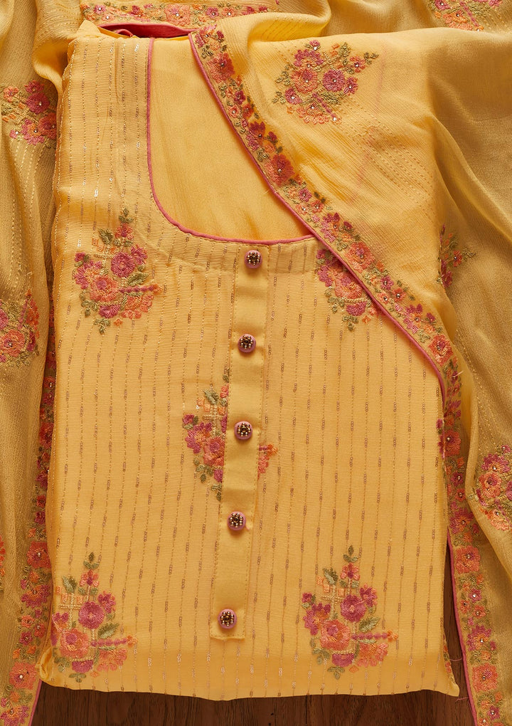 Yellow Threadwork Georgette Designer Unstitched Salwar Suit - koskii