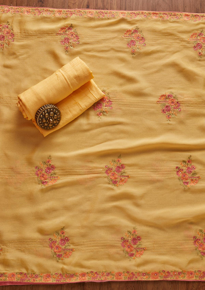 Yellow Threadwork Georgette Designer Unstitched Salwar Suit - koskii