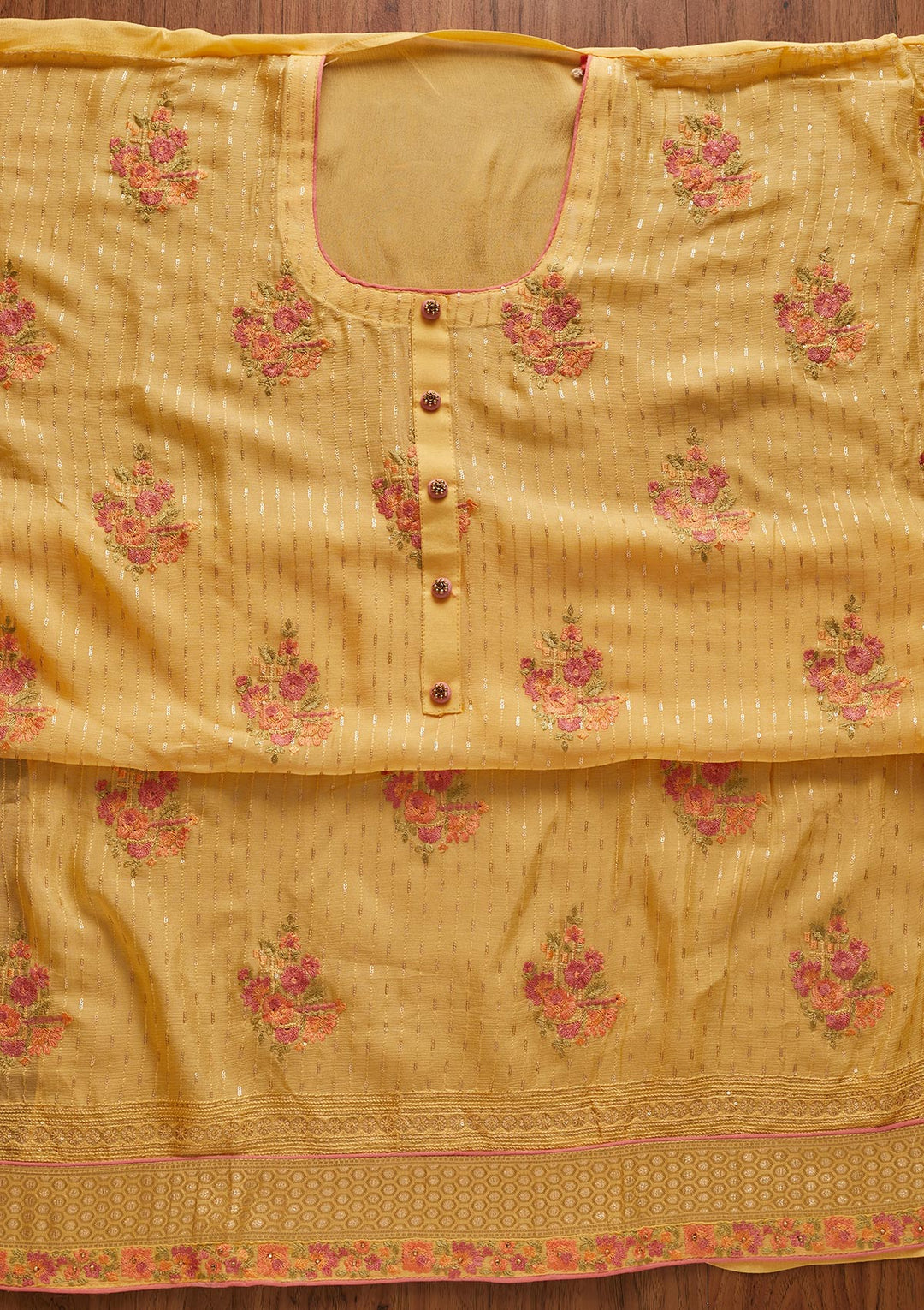 Yellow Threadwork Georgette Designer Unstitched Salwar Suit - koskii
