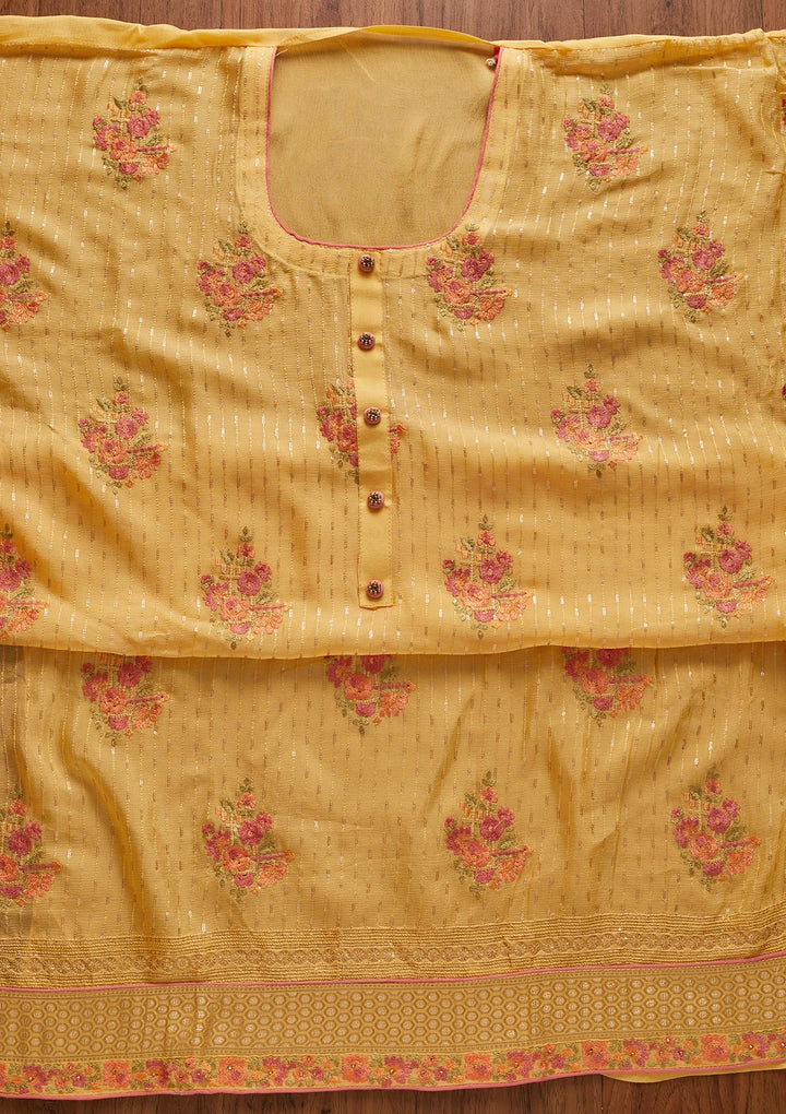 Yellow Threadwork Georgette Designer Unstitched Salwar Suit - koskii
