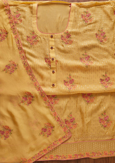 Yellow Threadwork Georgette Designer Unstitched Salwar Suit - koskii
