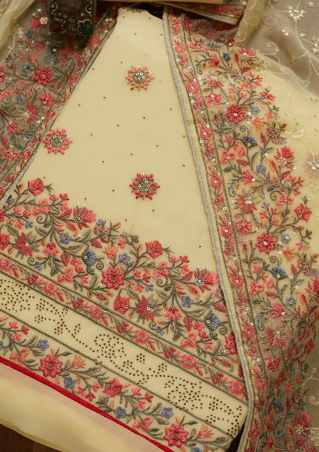 Yellow Threadwork Georgette Unstitched Salwar Suit - Koskii