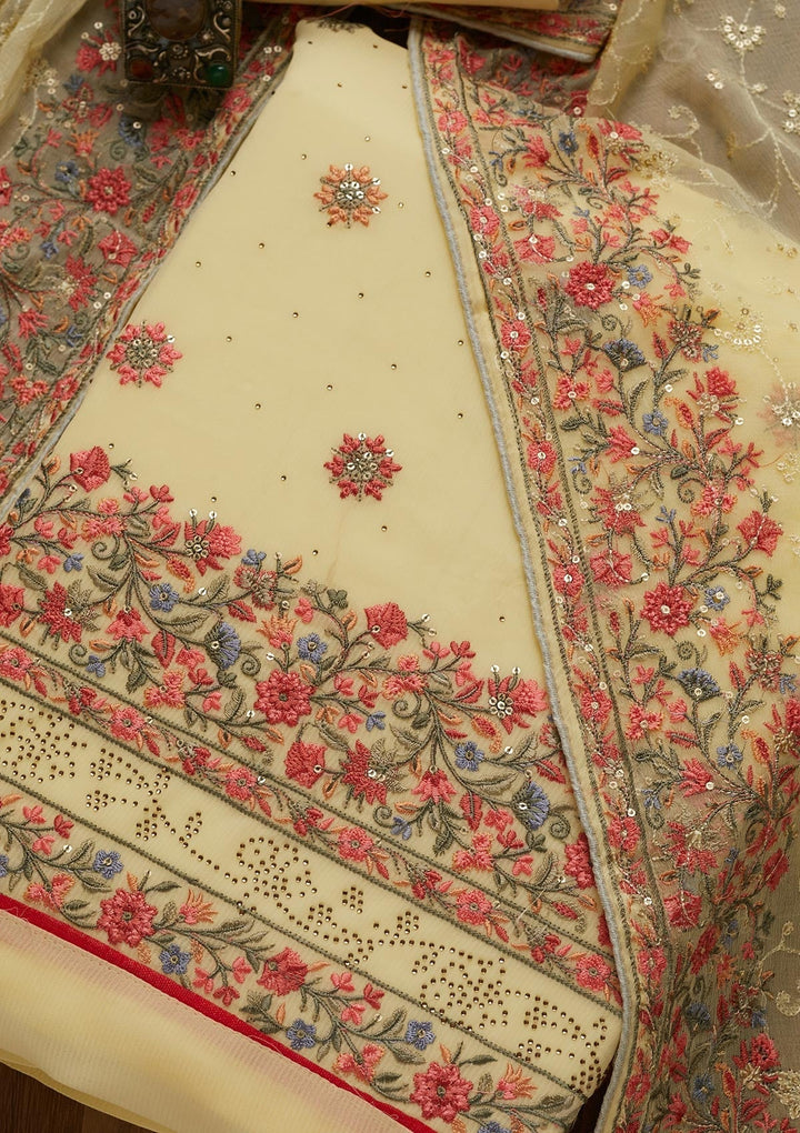 Yellow Threadwork Georgette Unstitched Salwar Suit - Koskii