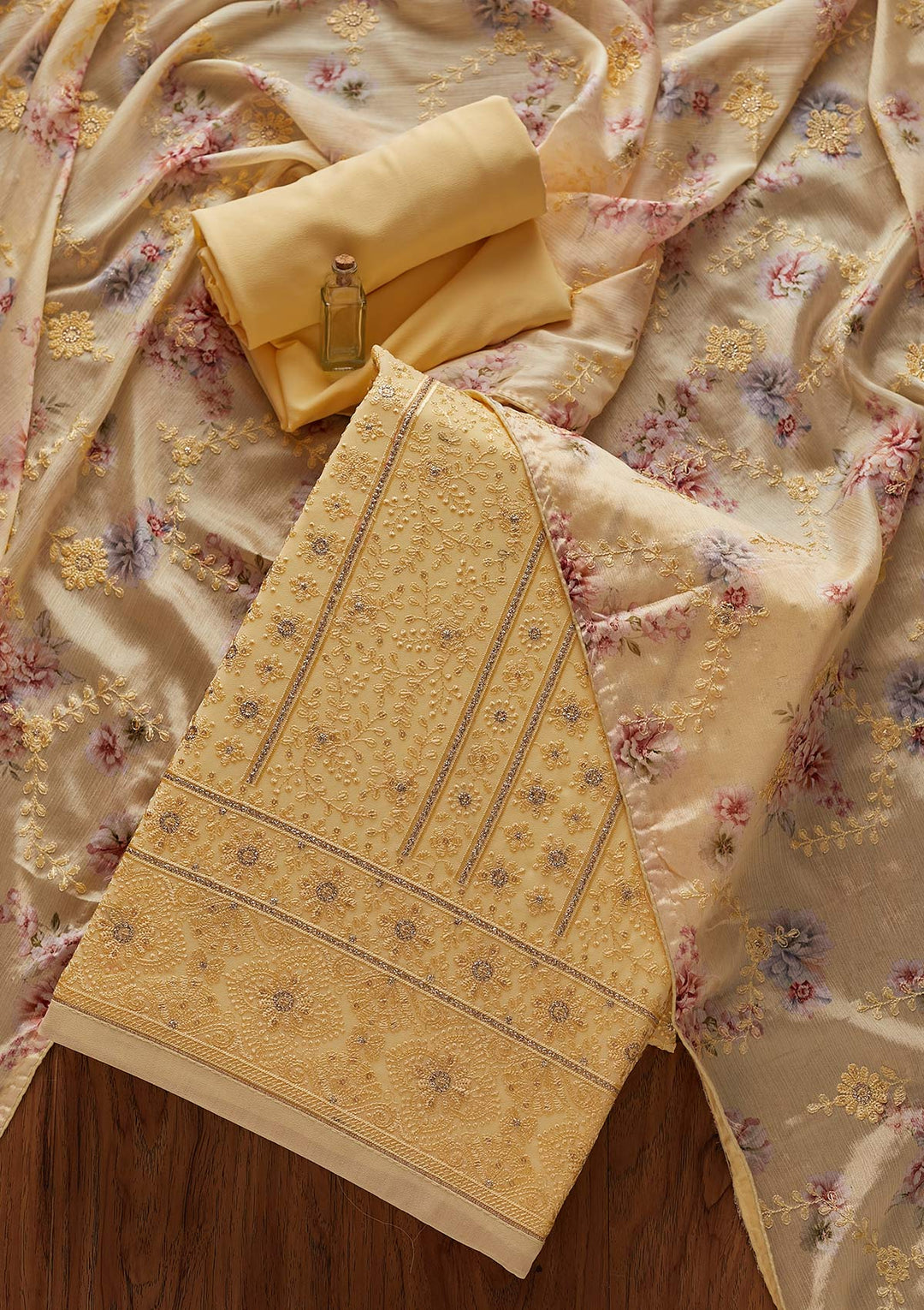 Yellow Threadwork Georgette Designer Unstitched Salwar Suit - koskii