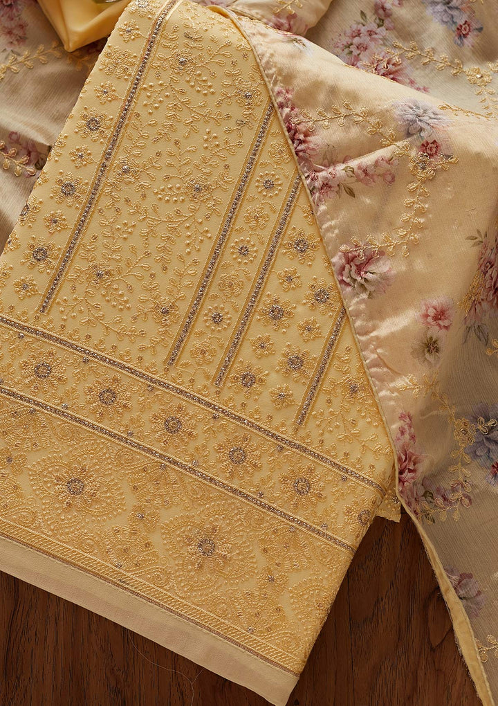 Yellow Threadwork Georgette Designer Unstitched Salwar Suit - koskii