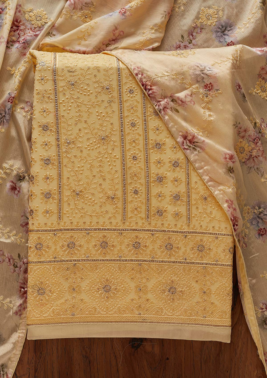 Yellow Threadwork Georgette Designer Unstitched Salwar Suit - koskii