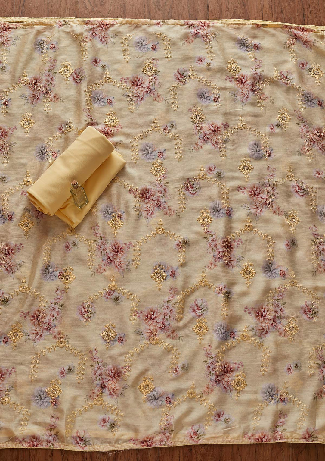 Yellow Threadwork Georgette Designer Unstitched Salwar Suit - koskii