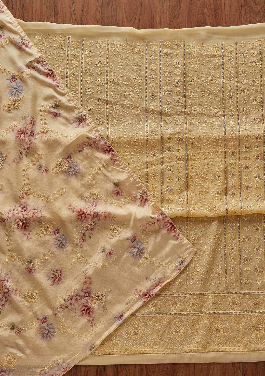 Yellow Threadwork Georgette Designer Unstitched Salwar Suit - koskii