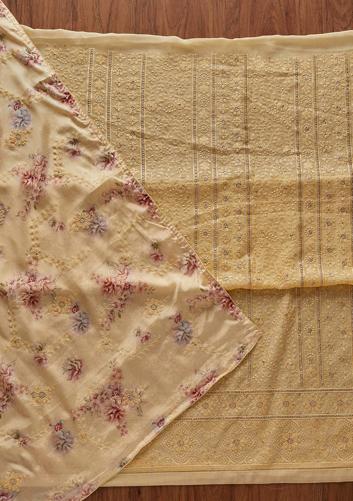 Yellow Threadwork Georgette Designer Unstitched Salwar Suit - koskii