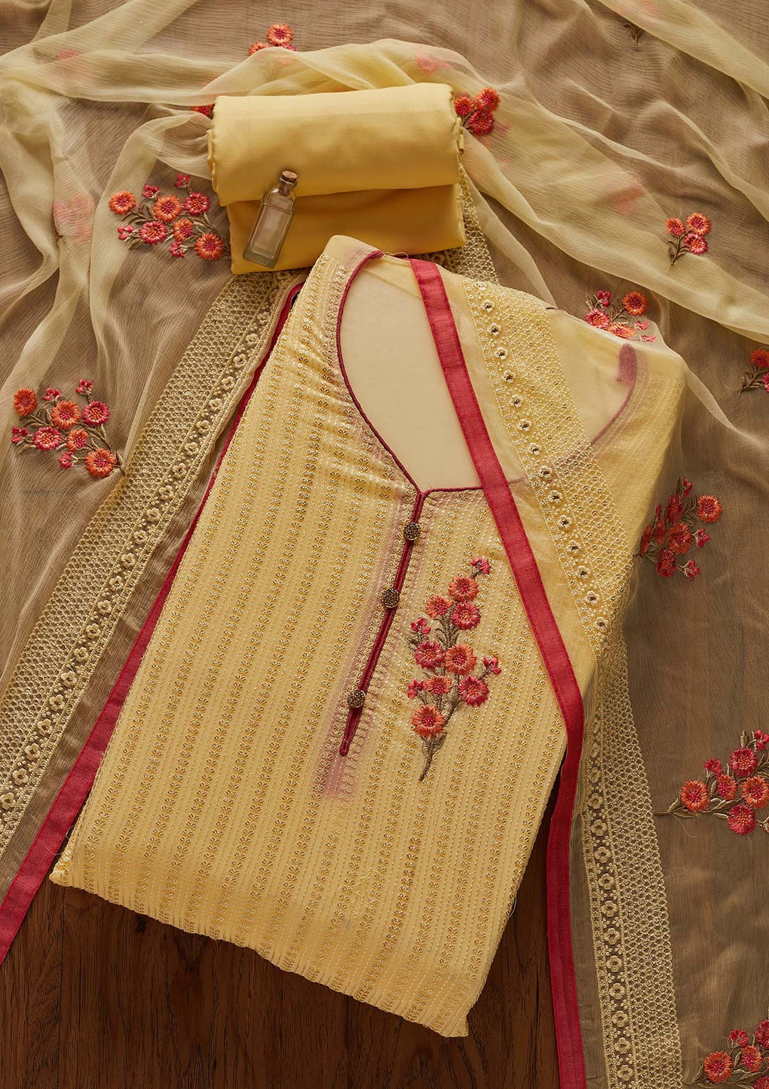 Yellow Threadwork Georgette Designer Unstitched Salwar Suit - Koskii