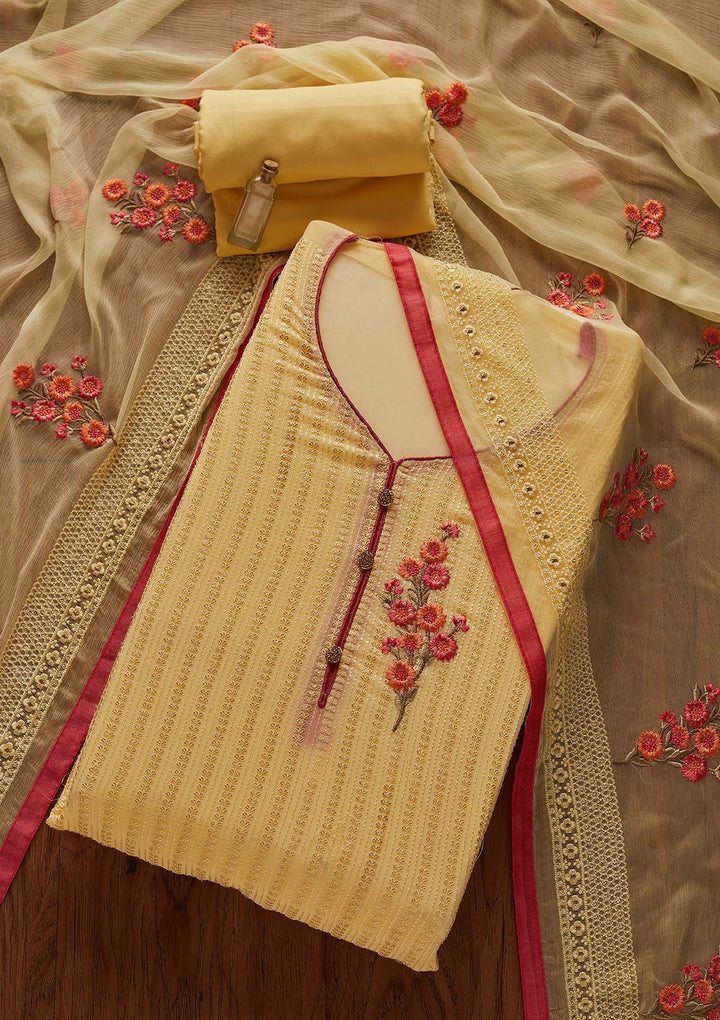 Yellow Threadwork Georgette Designer Unstitched Salwar Suit - Koskii