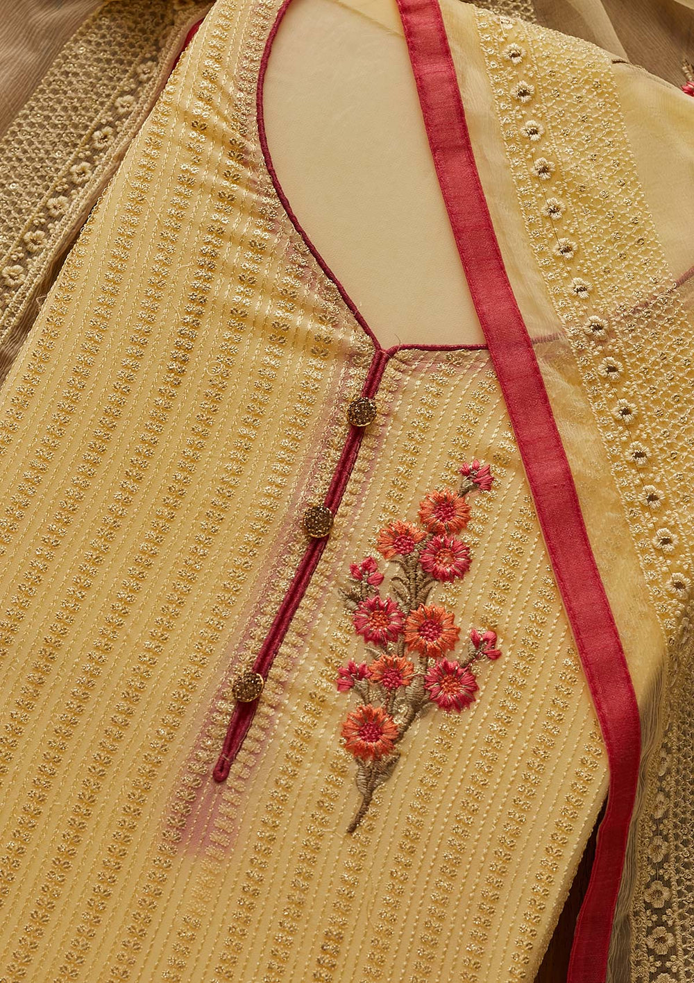 Yellow Threadwork Georgette Designer Unstitched Salwar Suit - Koskii