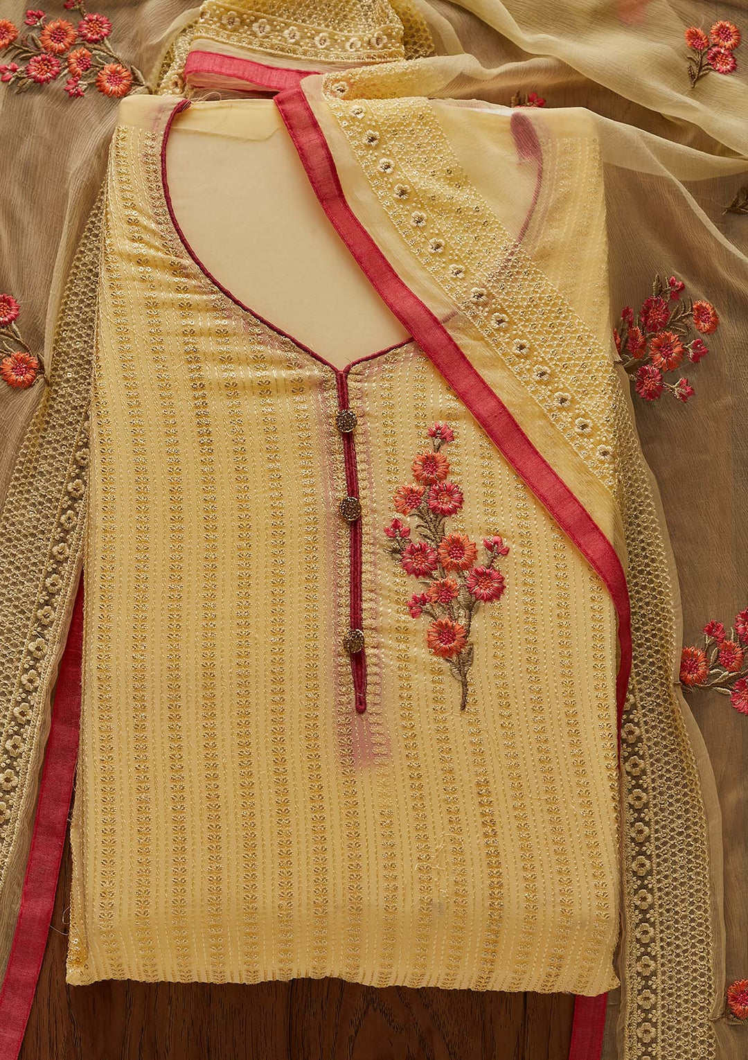 Yellow Threadwork Georgette Designer Unstitched Salwar Suit - Koskii