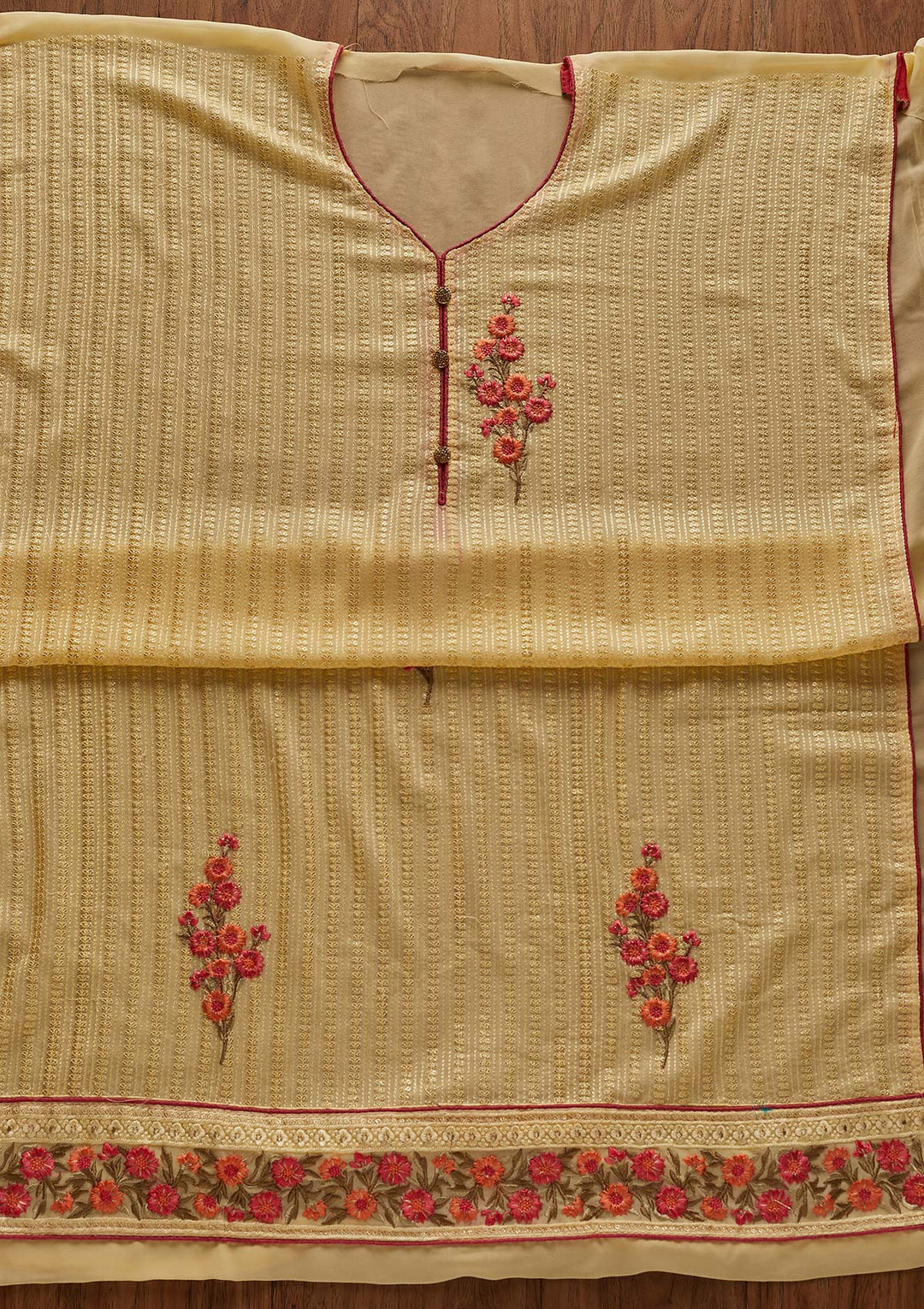 Yellow Threadwork Georgette Designer Unstitched Salwar Suit - Koskii