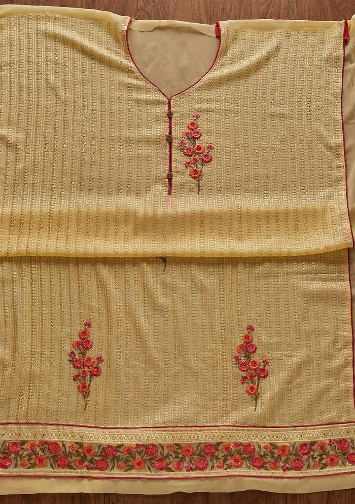 Yellow Threadwork Georgette Designer Unstitched Salwar Suit - Koskii