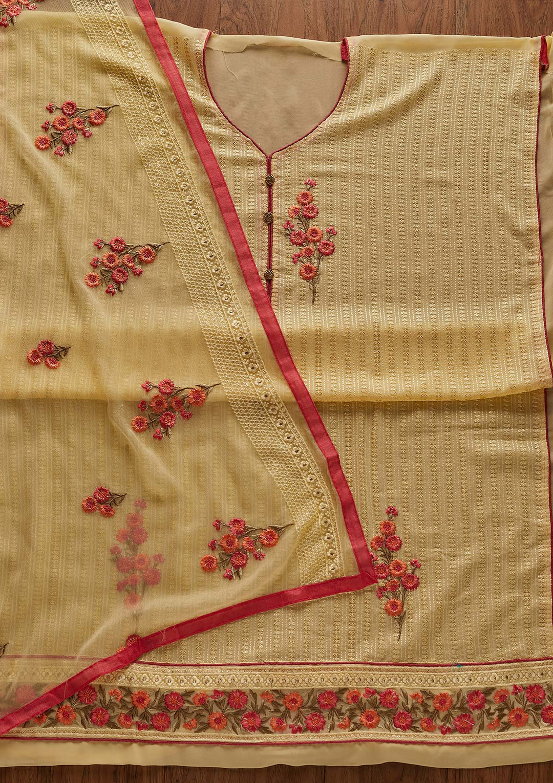 Yellow Threadwork Georgette Designer Unstitched Salwar Suit - Koskii