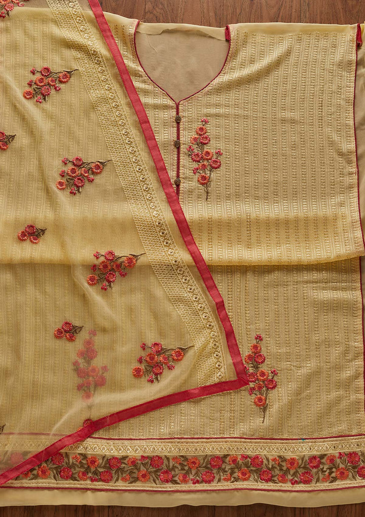Yellow Threadwork Georgette Designer Unstitched Salwar Suit - Koskii