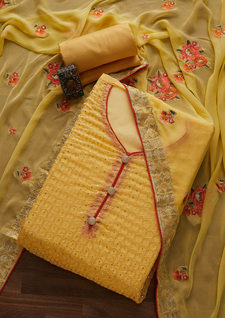 Yellow Threadwork Georgette Designer Unstitched Salwar Suit - Koskii